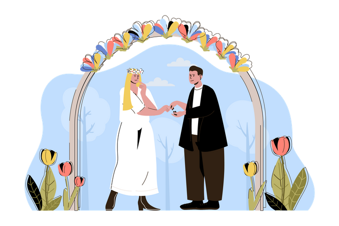 Casal se casando em uma linda cerimônia  Ilustração