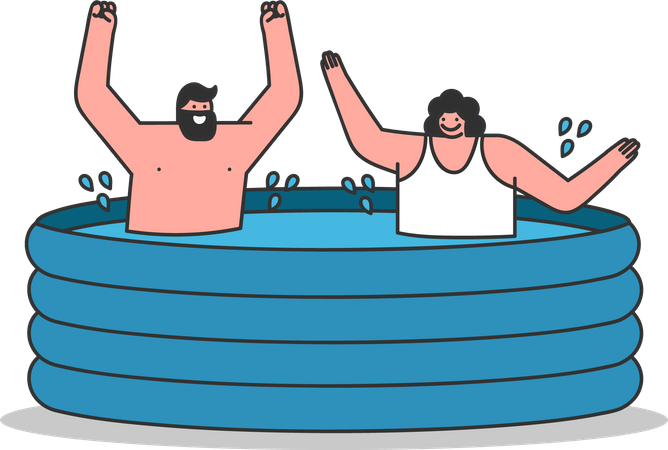 Casal se divertindo na piscina inflável  Ilustração