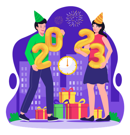 Casal segurando números de 2023 comemorando o ano novo  Ilustração