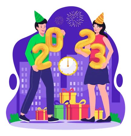 Conceito De Feliz Ano Novo Com Um Casal Segurando 2023 Numeros Comemorando O Ano Novo Ilustracao Vetorial Em Estilo Simples Ilustração