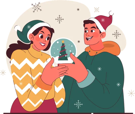 Casal segurando uma bola de natal  Ilustração