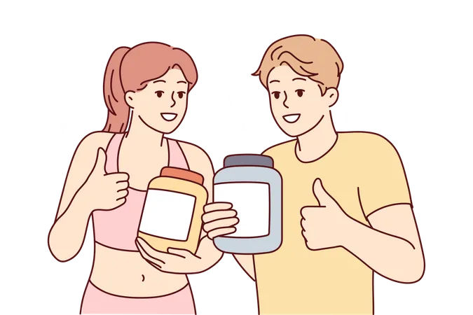 Casal segurando o poder da proteína e mostrando os polegares para cima  Ilustração