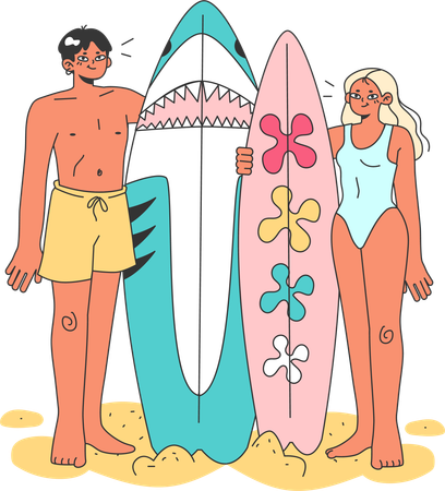 Casal segurando prancha de surf  Ilustração