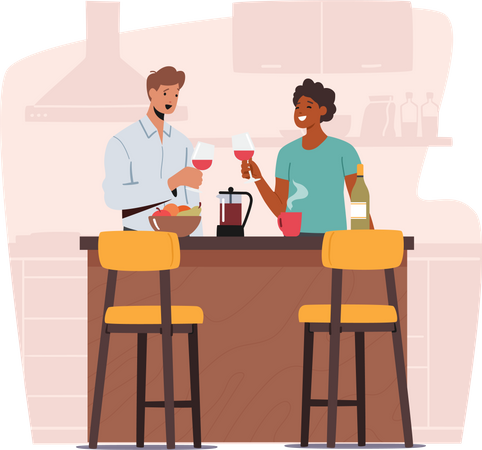 Casal segurando taças de vinho nas mãos na mesa da cozinha com frutas  Ilustração