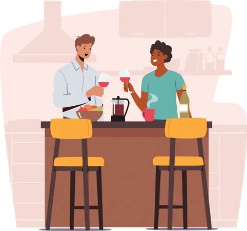 Casal segurando taças de vinho nas mãos na mesa da cozinha com frutas  Ilustração