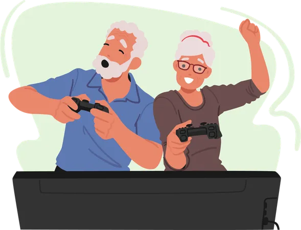 Casal sênior está gostando de jogar videogame  Ilustração