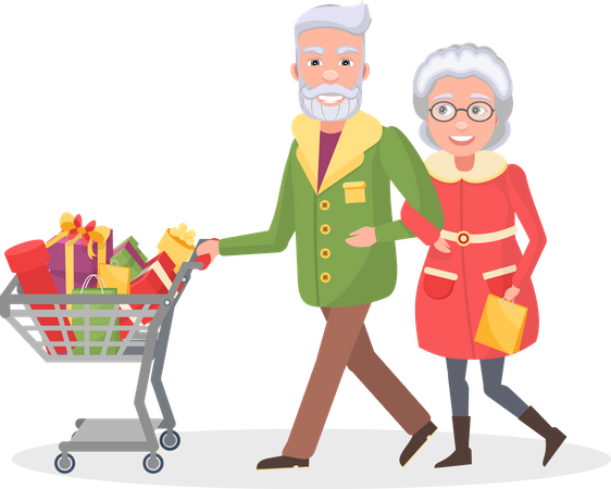 Casal de idosos fazendo compras de Natal  Ilustração