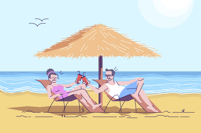 Casal sênior relaxando na praia  Ilustração