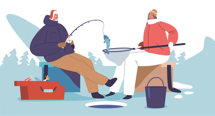 Casal sentado cara a cara no lago congelado  Ilustração