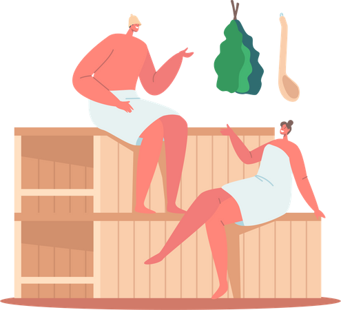 Casal sentado dentro da sauna e conversando  Ilustração