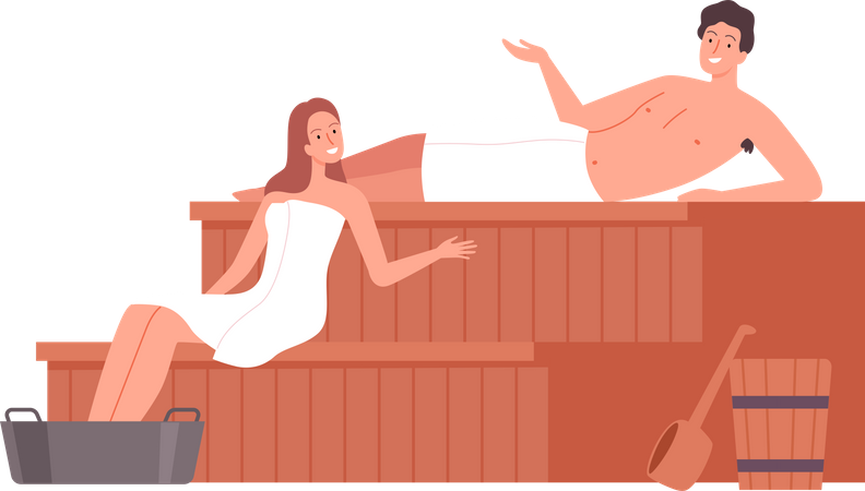 Casal sentado dentro da sauna e conversando  Ilustração