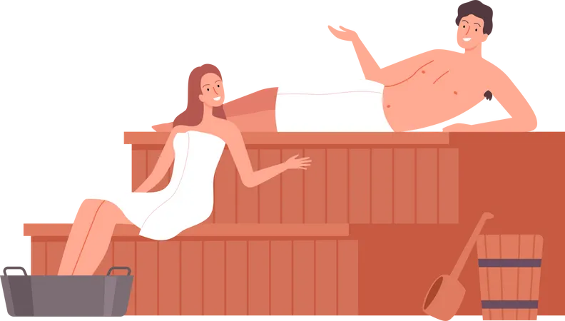 Casal sentado dentro da sauna e conversando  Ilustração