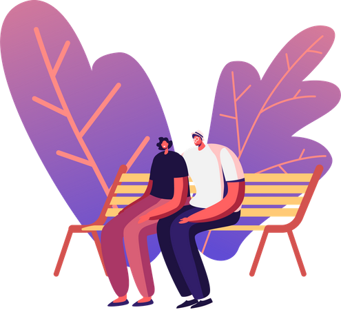 Casal sentado juntos no banco do parque  Ilustração