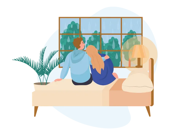 Casal sentado na cama em frente à janela  Ilustração