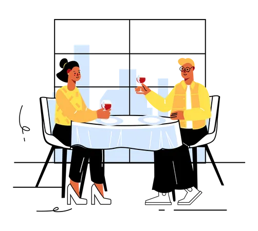 Casal sentado na mesa do restaurante  Ilustração
