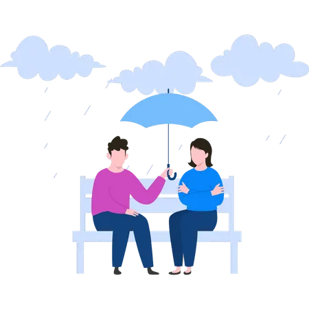 Casal sentado no banco com guarda-chuva na chuva  Ilustração