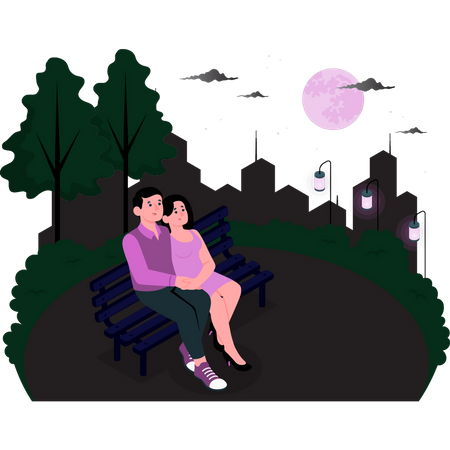 Casal sentado no banco de um parque  Ilustração