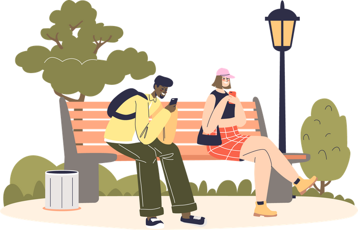 Casal senta no banco do parque usando smartphone  Ilustração