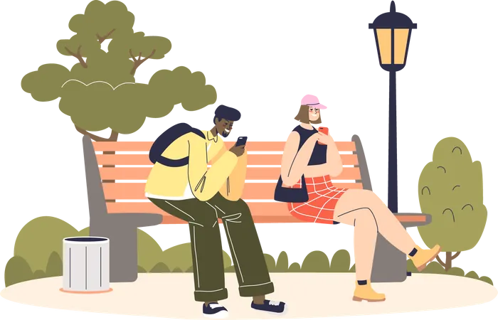 Casal senta no banco do parque usando smartphone  Ilustração