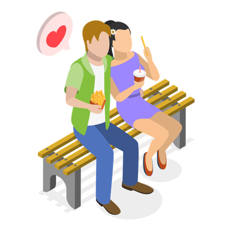 Casal sentado no banco e comendo comida  Ilustração