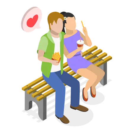 Casal sentado no banco e comendo comida  Ilustração