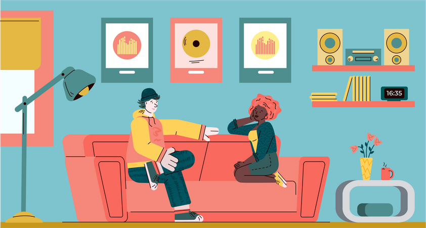 Casal sentado no sofá e conversando no interior da sala  Ilustração