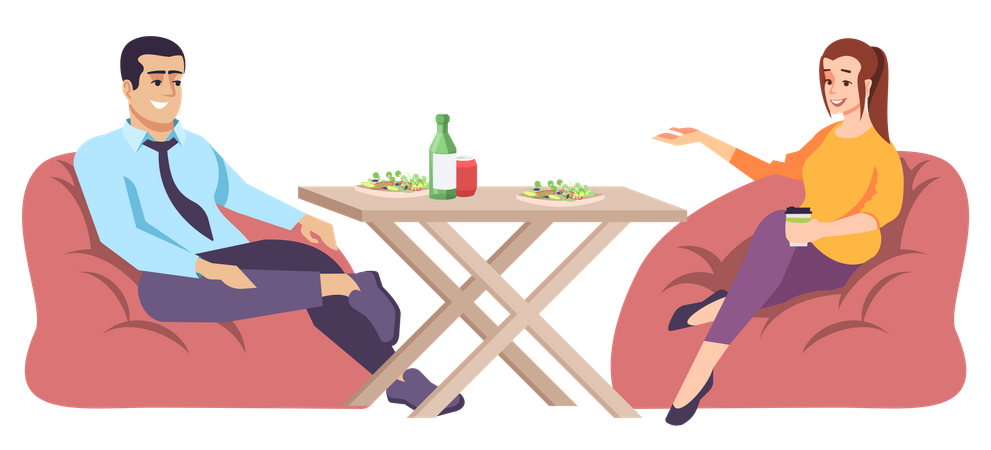 Casal sentado no pufe e almoçando  Ilustração