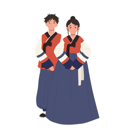 Casal sorridente em hanbok moderno para ocasião festiva  Ilustração