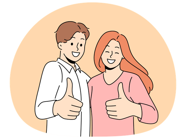Casal sorridente mostrando polegares para cima recomendando serviço  Ilustração