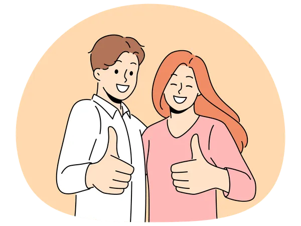 Casal sorridente mostrando polegares para cima recomendando serviço  Ilustração