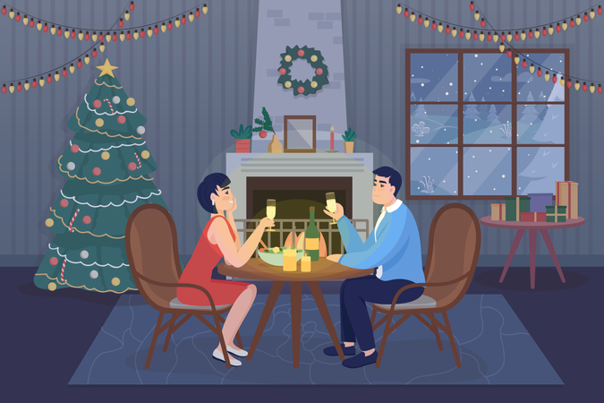Casal tendo jantar romântico durante o natal  Ilustração