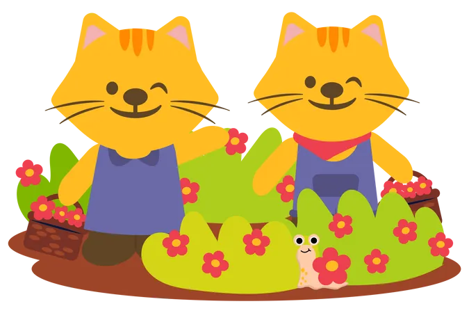 Casal tigre admira as flores no jardim  Ilustração