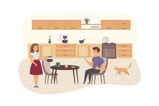 Casal tomando café da manhã na cozinha  Ilustração