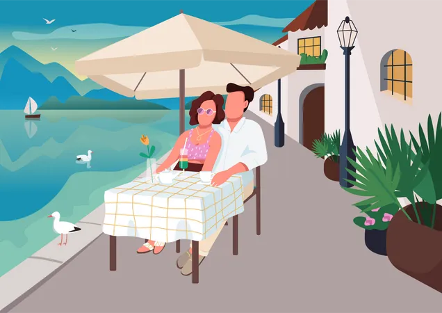 Casal tomando café da manhã no café resort à beira-mar  Ilustração