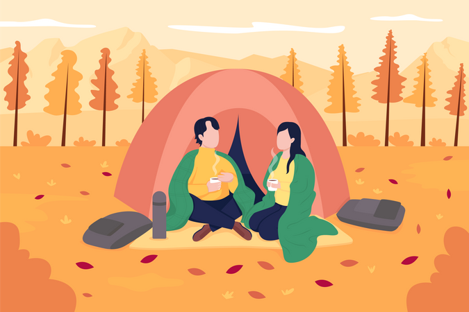 Casal tomando café durante o acampamento de outono  Ilustração