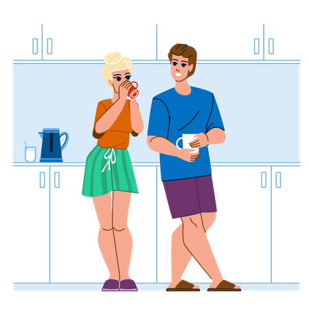 Casal tomando café na cozinha  Ilustração
