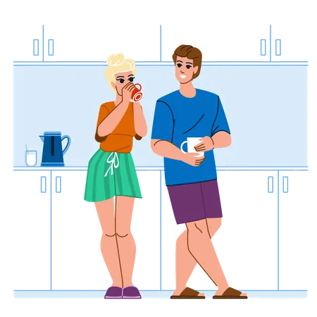 Casal tomando café na cozinha  Ilustração