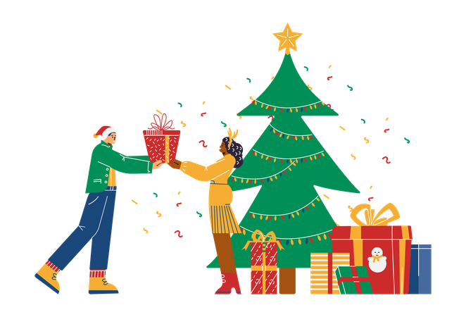 Casal trocando presentes de Natal sob a árvore  Ilustração