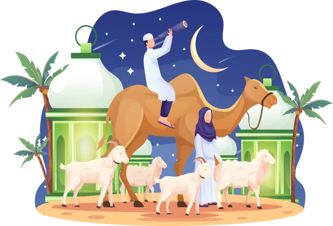 Casal trouxe um camelo e algumas cabras na véspera do Eid Al Adha Mubarak  Ilustração