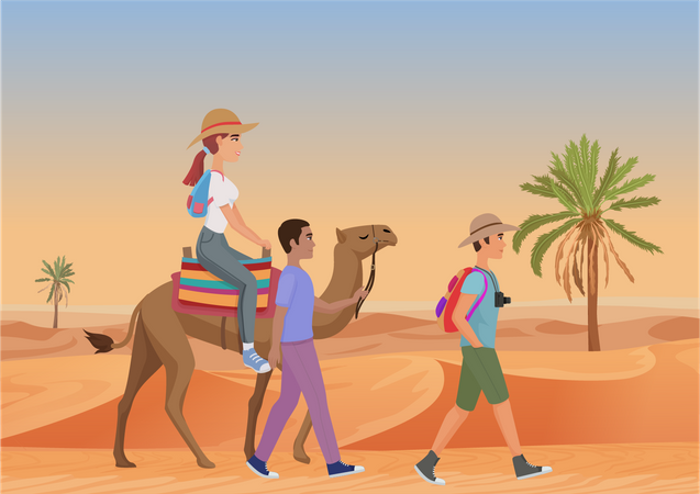 Casal de turista no deserto  Ilustração