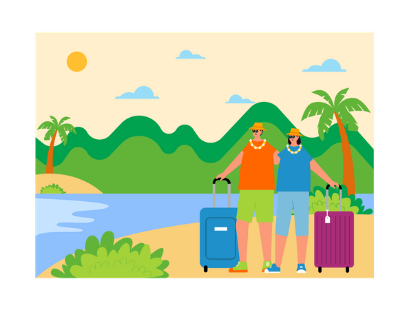 Casal de turistas viajando para ilha tropical  Ilustração