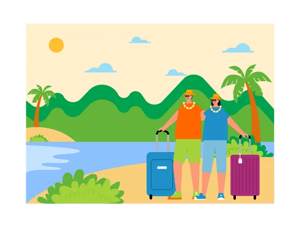 Casal de turistas viajando para ilha tropical  Ilustração