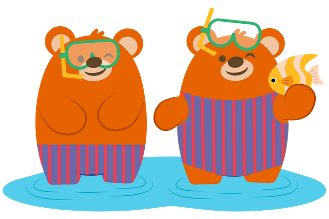 Casal de ursos mergulhando no mar  Ilustração