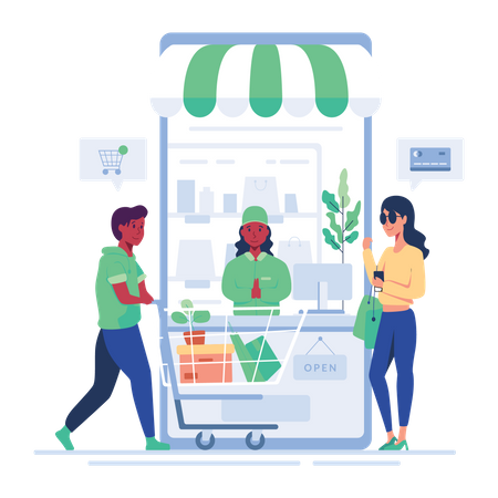 Casal usando cartão para pagamento de checkout  Ilustração