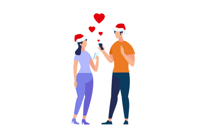 Casal usando chapéu de Papai Noel conversando sobre amor  Ilustração