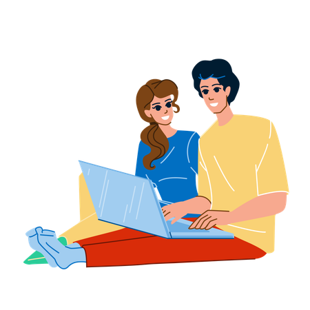 Casal usando laptop  Ilustração