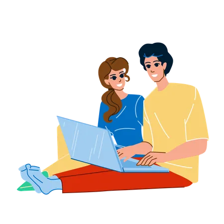 Casal usando laptop  Ilustração