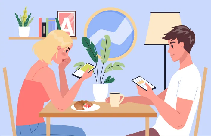 Casal usando smartphone enquanto come comida  Ilustração