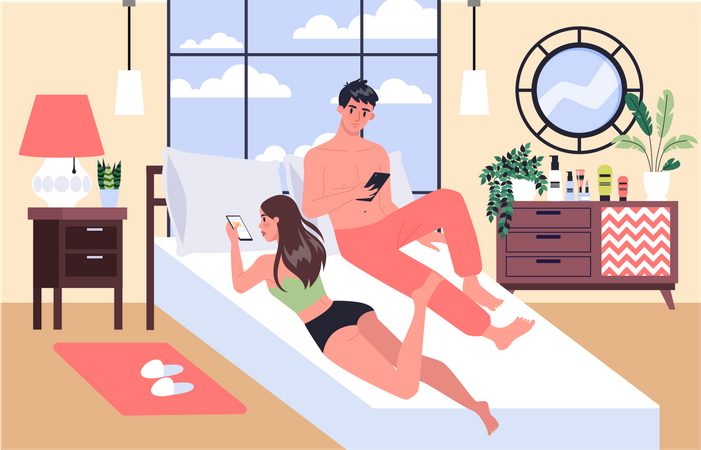 Casal usando smartphone enquanto dorme  Ilustração