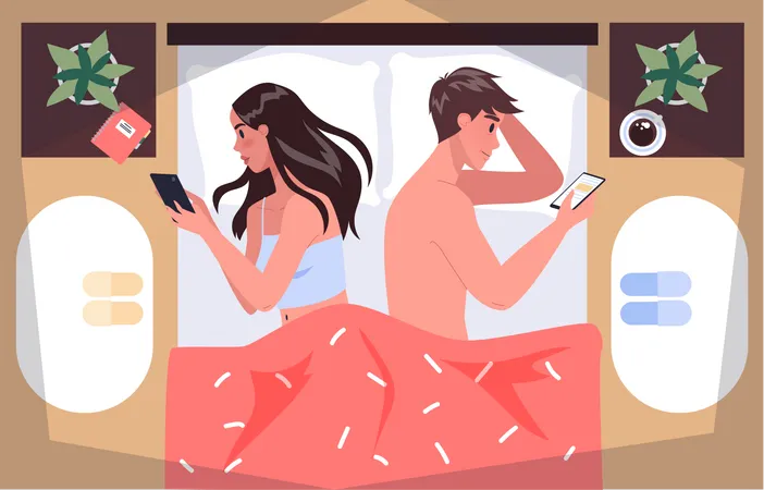 Casal usando smartphone enquanto dormem juntos  Ilustração